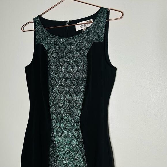 BADGLEY MISCHKA Black Emerald Lurex Jacquard Stretch Green Sheath Dress Size 6 - Picture 13 of 15